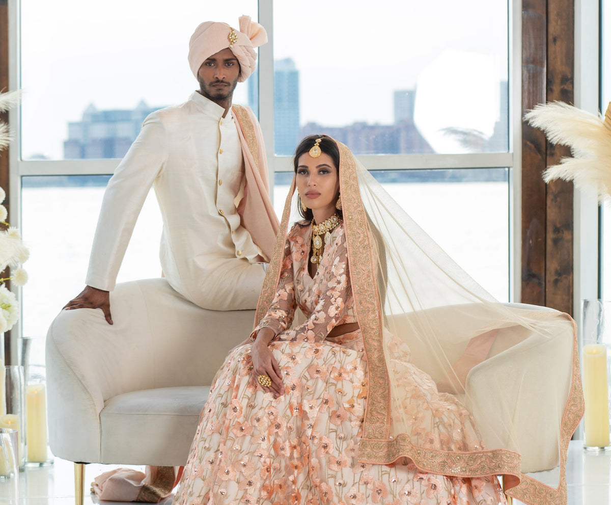 Peach Ivory Gold Bridal Outfit and Groom Outfit Indian Wedding