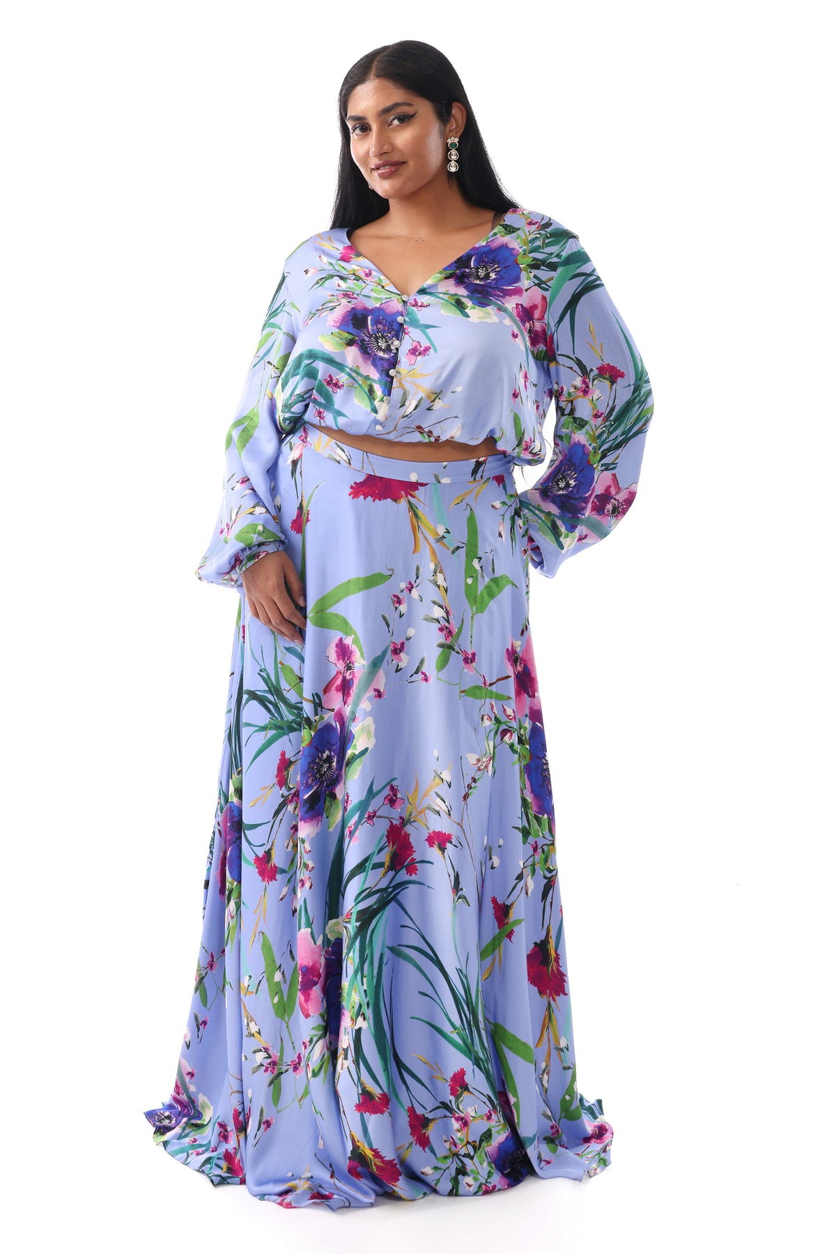 JANISHA Periwinkle Floral Satin Lehenga Skirt