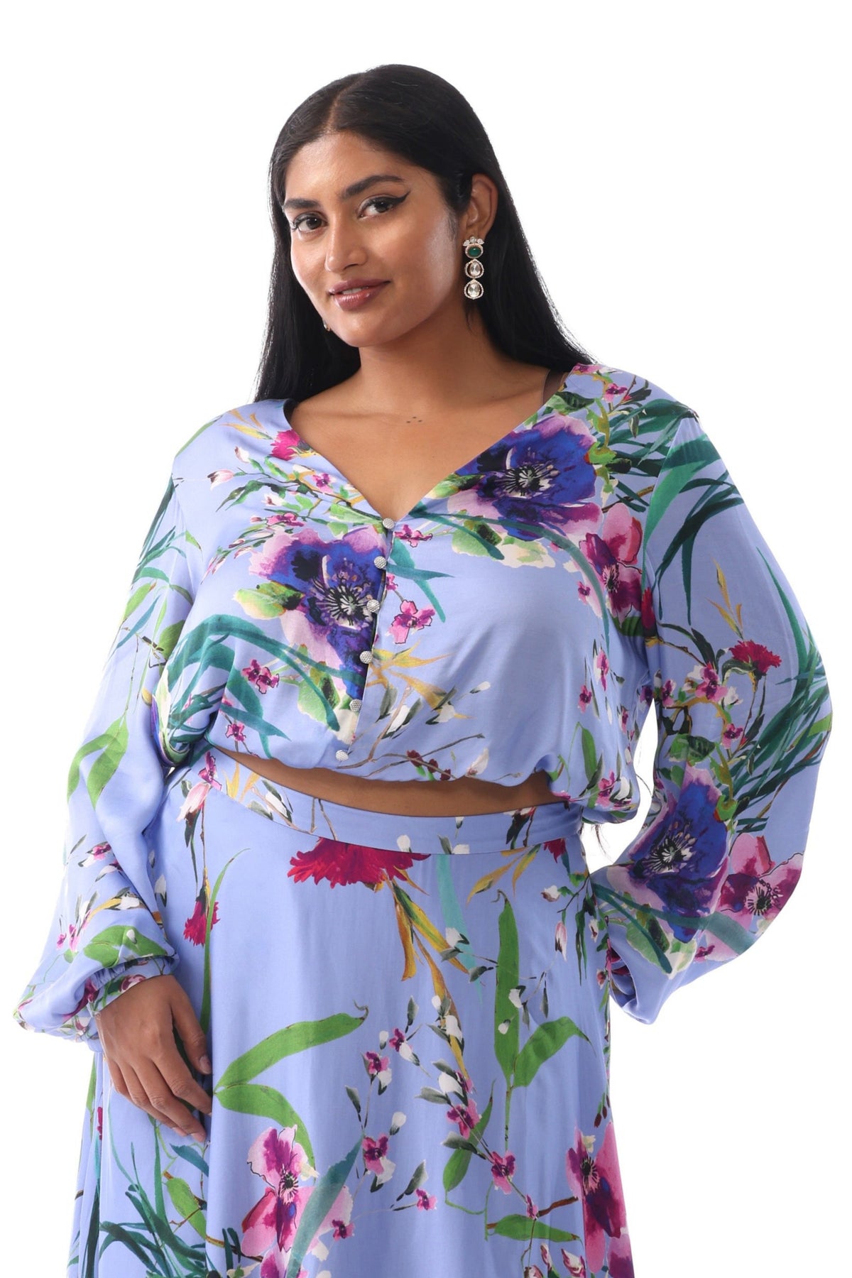 VISCALA Floral Bishop Sleeve Button Top