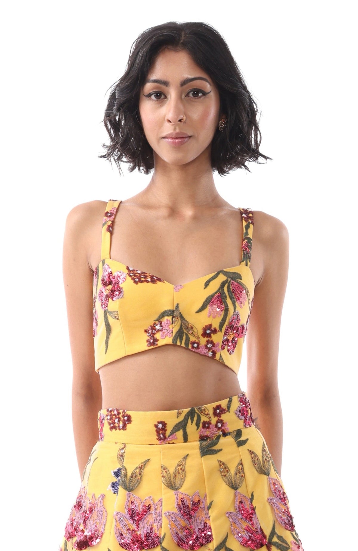 MARYAH Yellow Floral Sequin Top