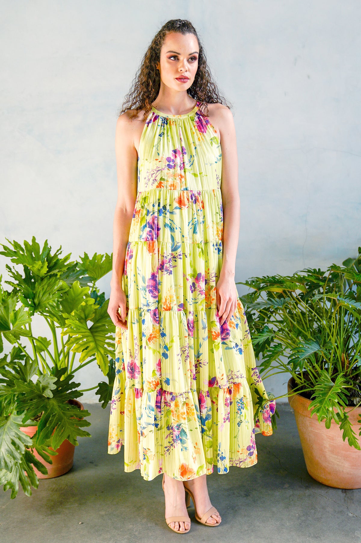 GEMMA Lime Floral Metallic Satin Dress - Front View - Harleen Kaur