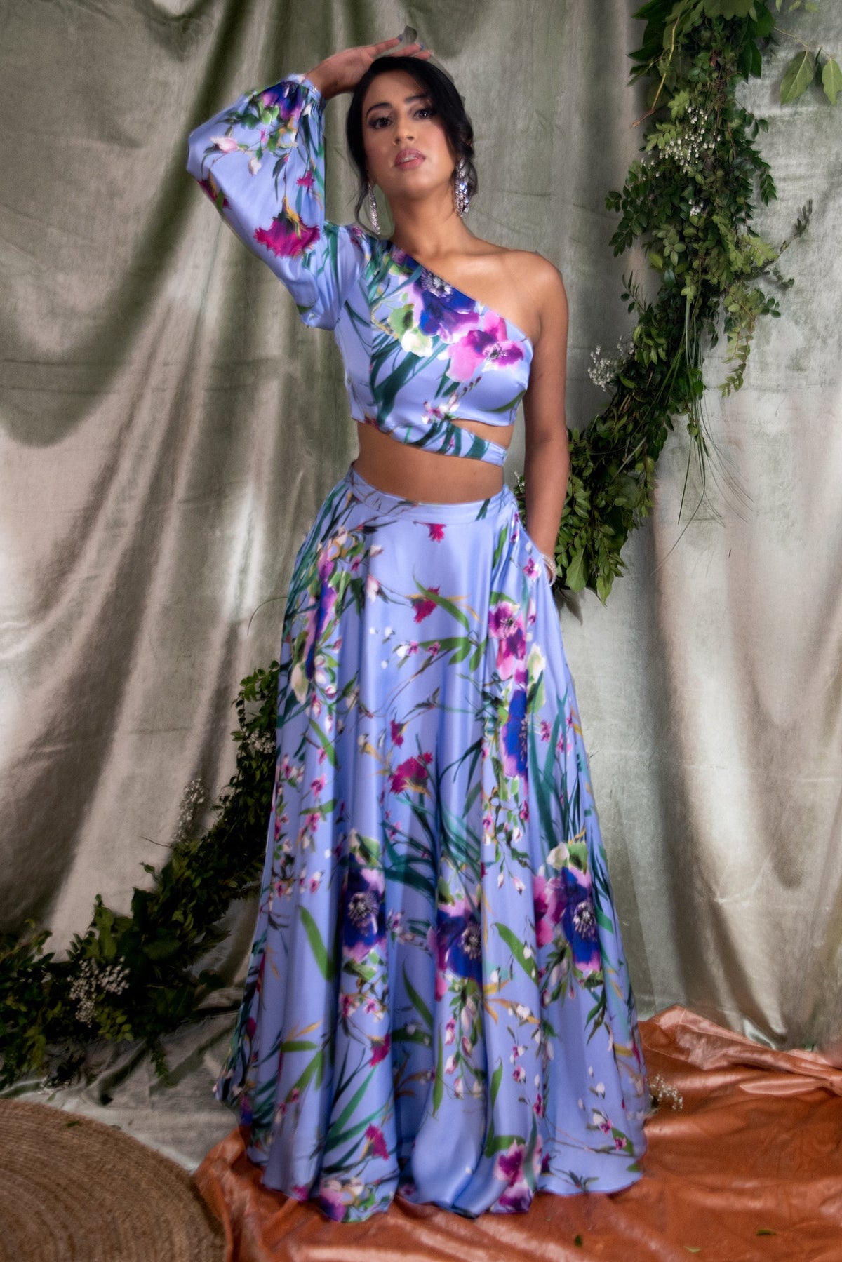 JANISHA Periwinkle Floral Satin Lehenga Skirt