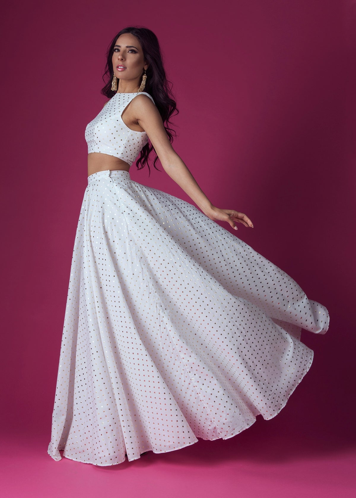 Harleen Kaur Alisha Cotton Gold Polkadot Lehenga Skirt in White