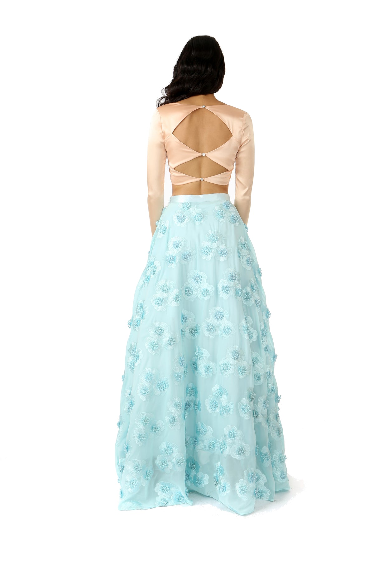 NIDA Peach Stretch Satin Long Sleeve Crop Top with Geometric Open Back - Back View | HARLEEN KAUR