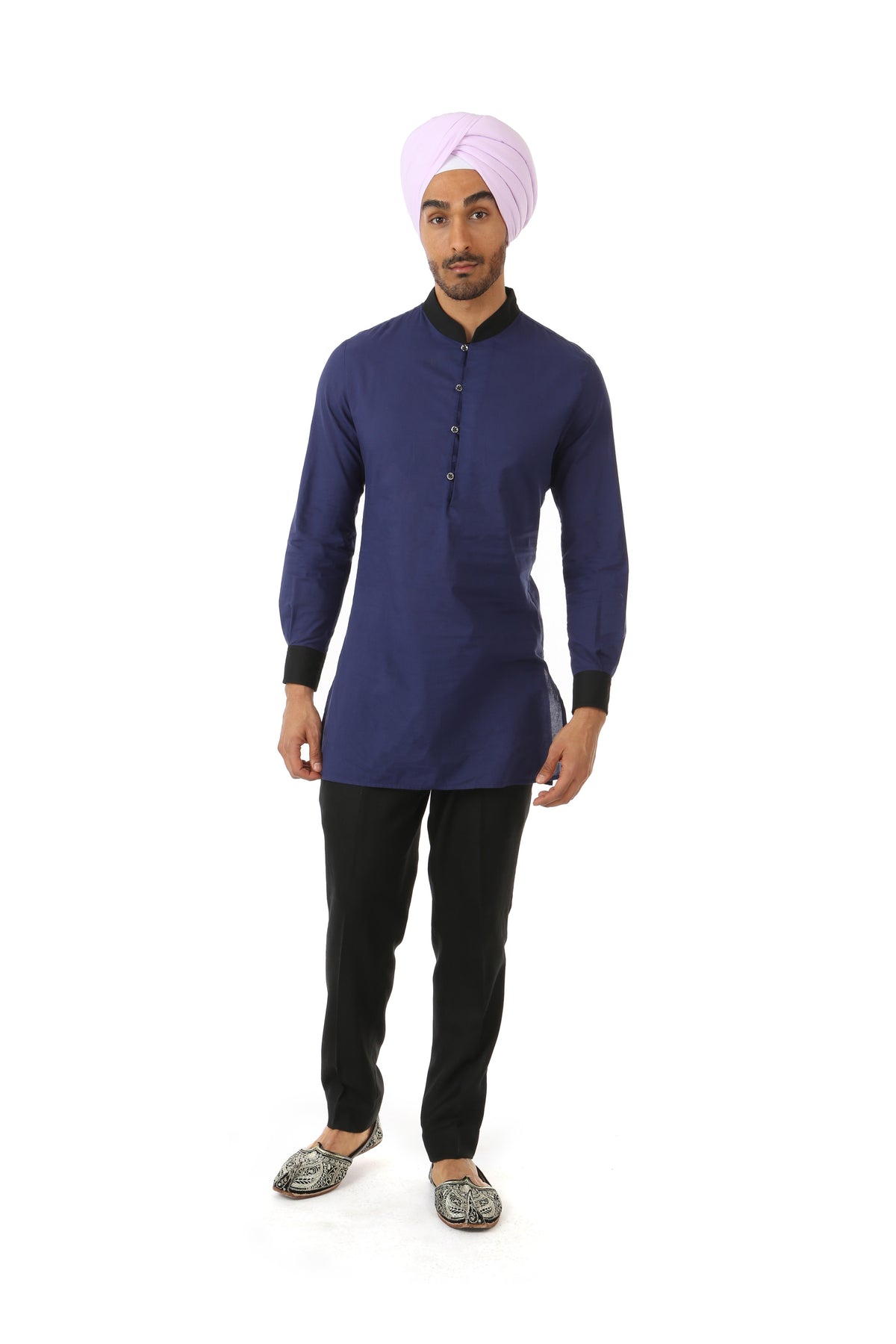 Harleen Kaur SUMEET Colorblock Collar Shirt in Navy and Black - Front View