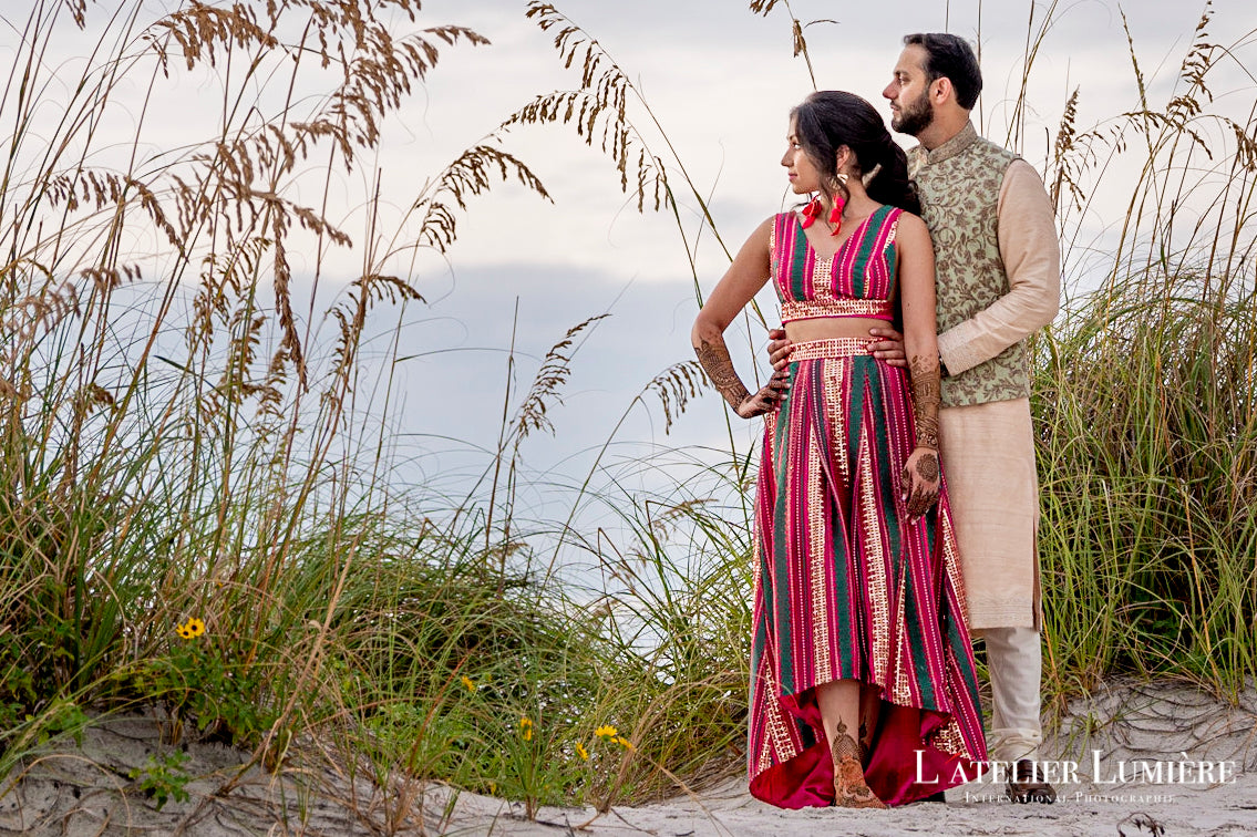 Harleen Kaur Bride Raina in a Pink and Green Striped Sequin Lehenga Outfit for her Mehndi Night