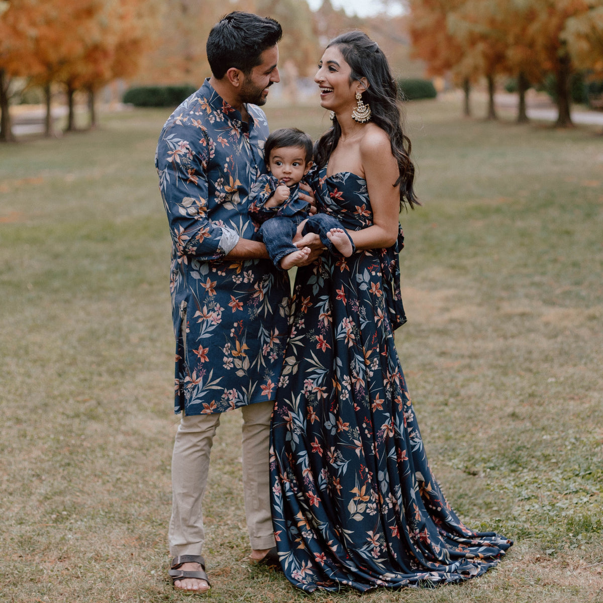 Family in Eco-Friendly Floral Matching Indowestern Outfits - Harleen Kaur