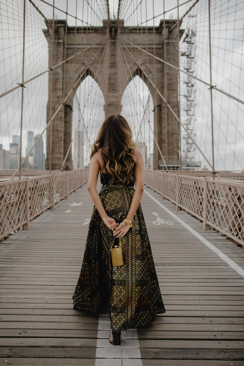 Bombay2Brooklyn in the Aneela Metallic Lehenga Skirt and Black Halter Top - Harleen Kaur