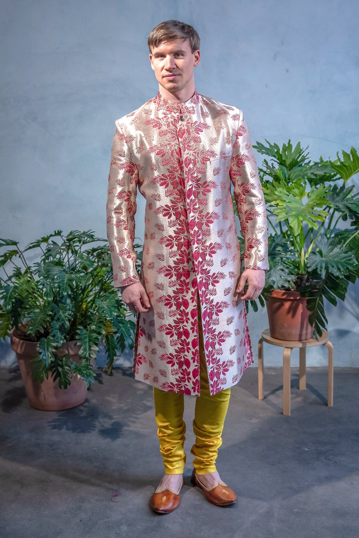 VEER Palm Floral Jacquard Sherwani Jacket - Front View - Harleen Kaur - Modern Indian Menswear