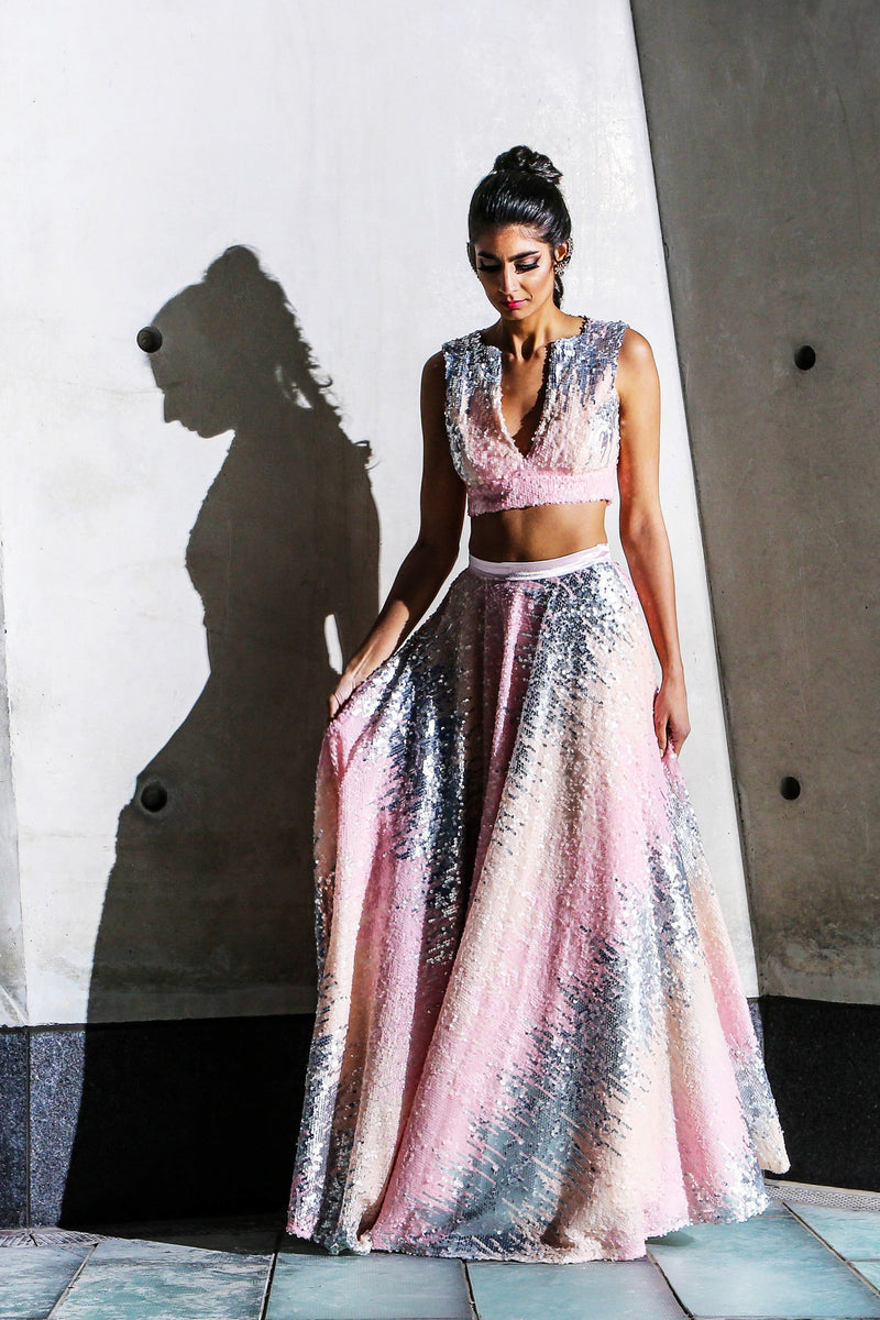 ALISHA Pink, Nude, and Silver Ombre Sequin Lehenga Skirt - Front View | HARLEEN KAUR