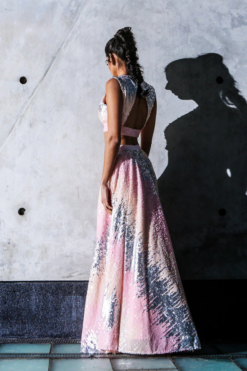 ALISHA Pink Ombre Sequin Lehenga Skirt - Back View | HARLEEN KAUR