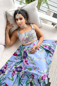 JANISHA Periwinkle Floral Satin Lehenga Skirt (Made-to-Order)