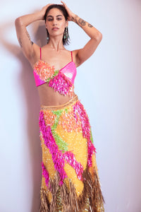 KINNAYA Fuchsia and Yellow Sequin Lehenga Set