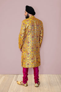 Aayan Yellow Mehendi Motif Jacquard Groom Sherwani - Harleen Kaur - Back View