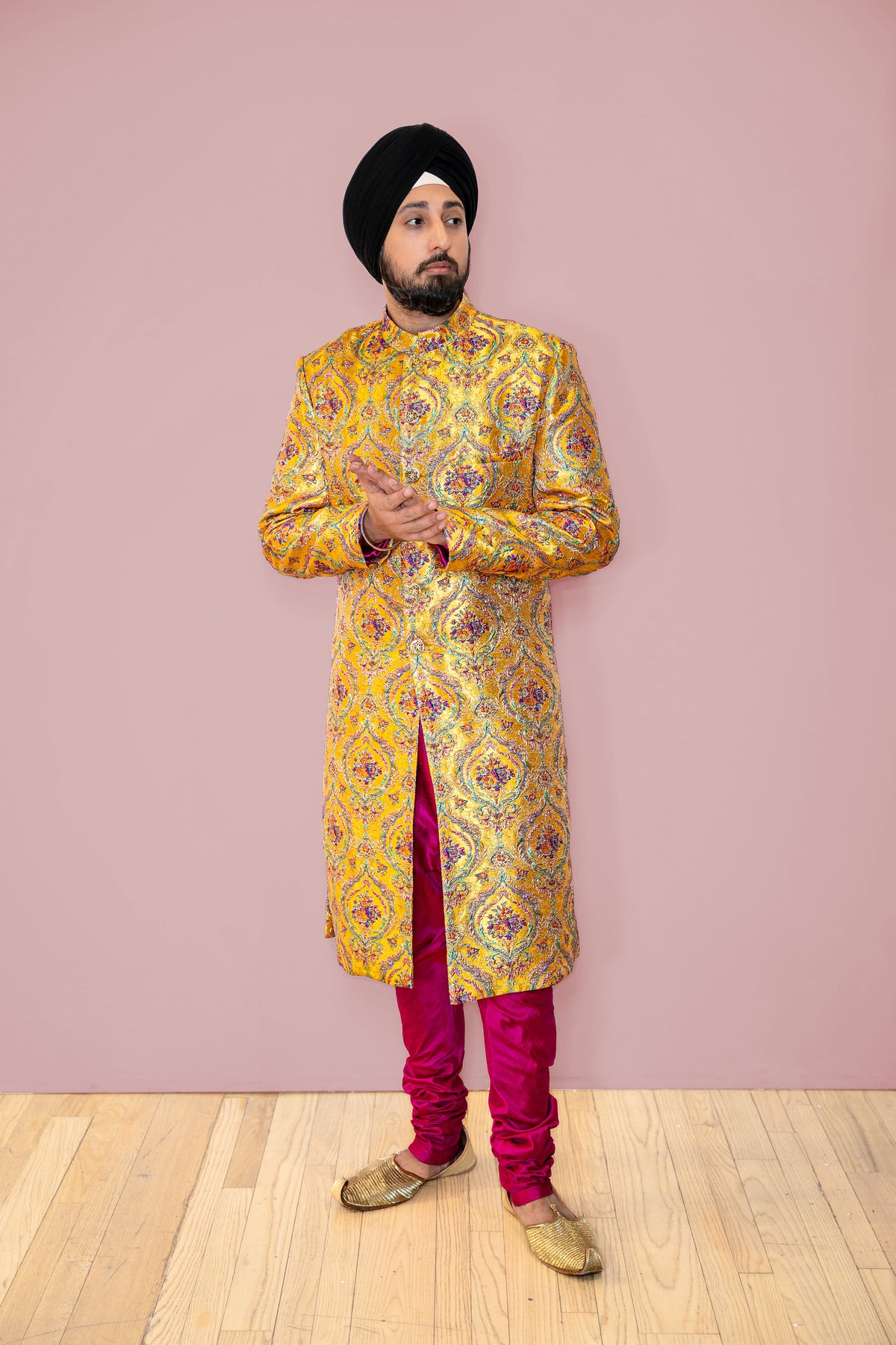 Aayan Yellow Mehendi Motif Jacquard Groom Sherwani - Harleen Kaur - Front View