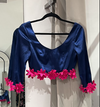 AMIRA Navy and Pink Stretch Satin Floral Trim Top (Sample)