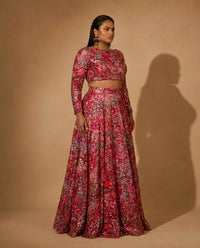 ANEENA Red Floral Sequin Lehenga Skirt