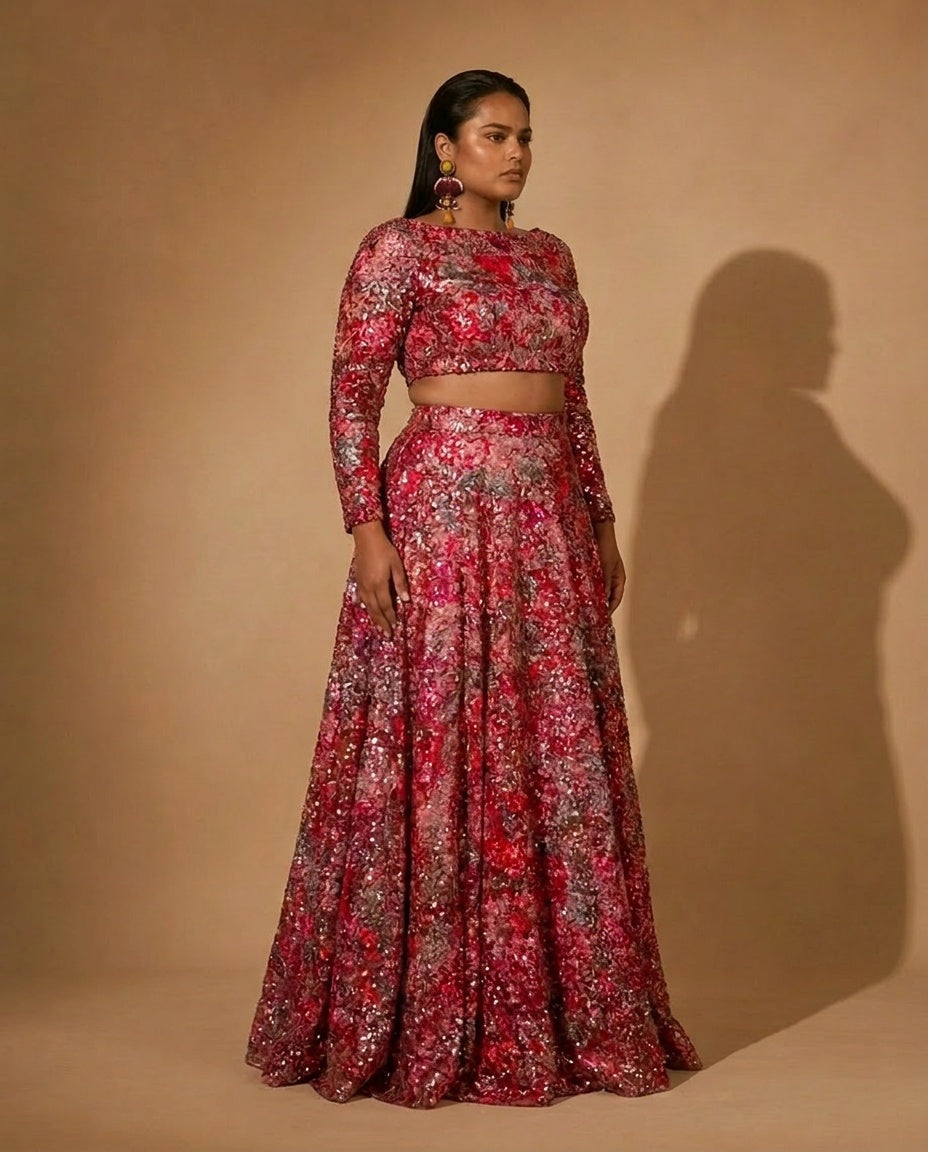 ANEENA Red Floral Sequin Lehenga Skirt