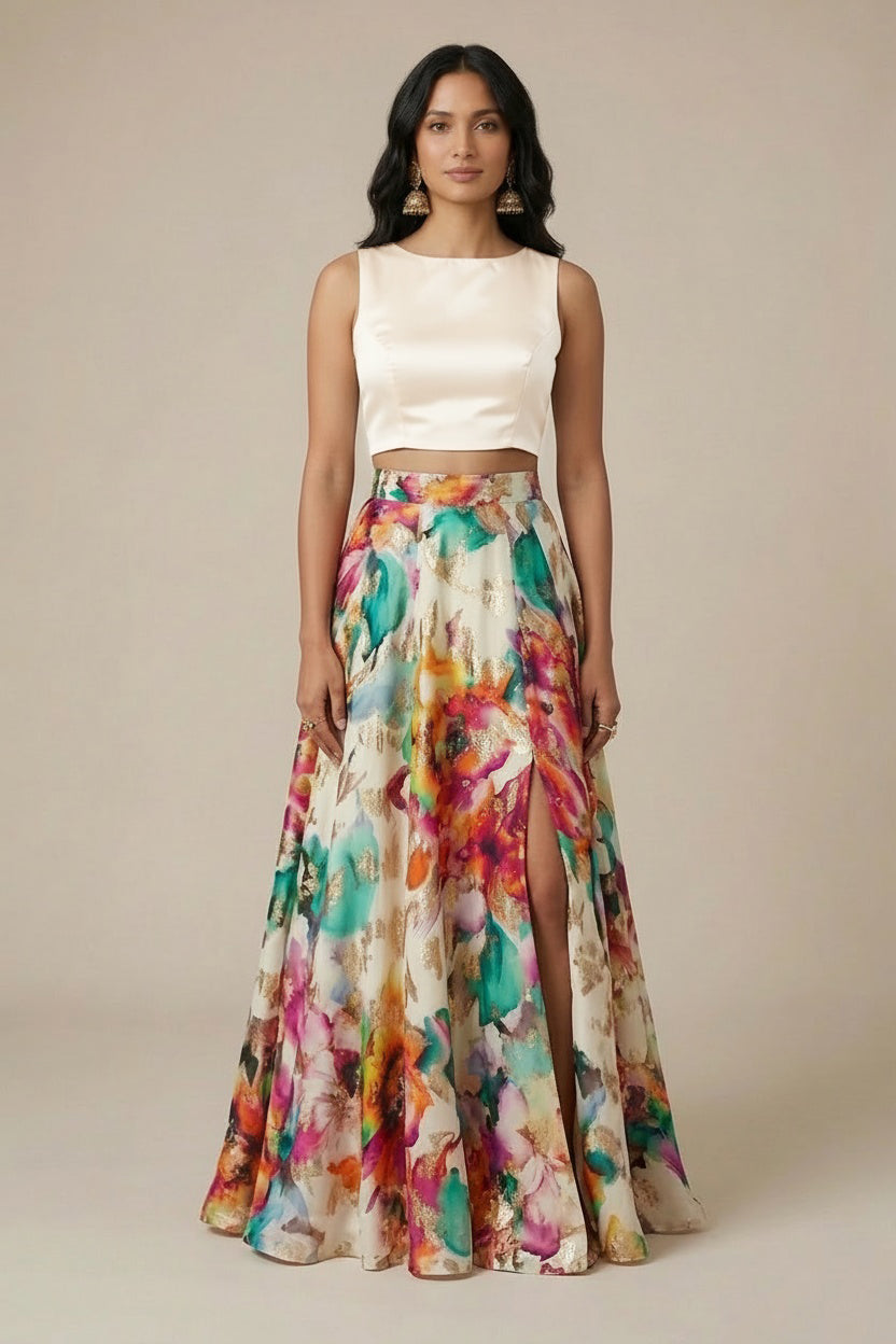 SANA Watercolor Metallic Floral Slit Lehenga Skirt