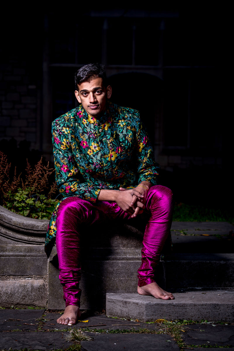 ARUN Floral Multicolor Sherwani Jacket - Front View - Harleen Kaur - Indian Menswear
