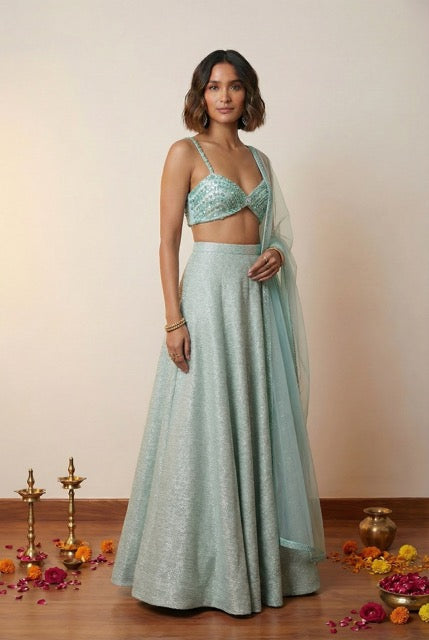 ASHANTI Recycled Glass Beaded Blue Lehenga Top