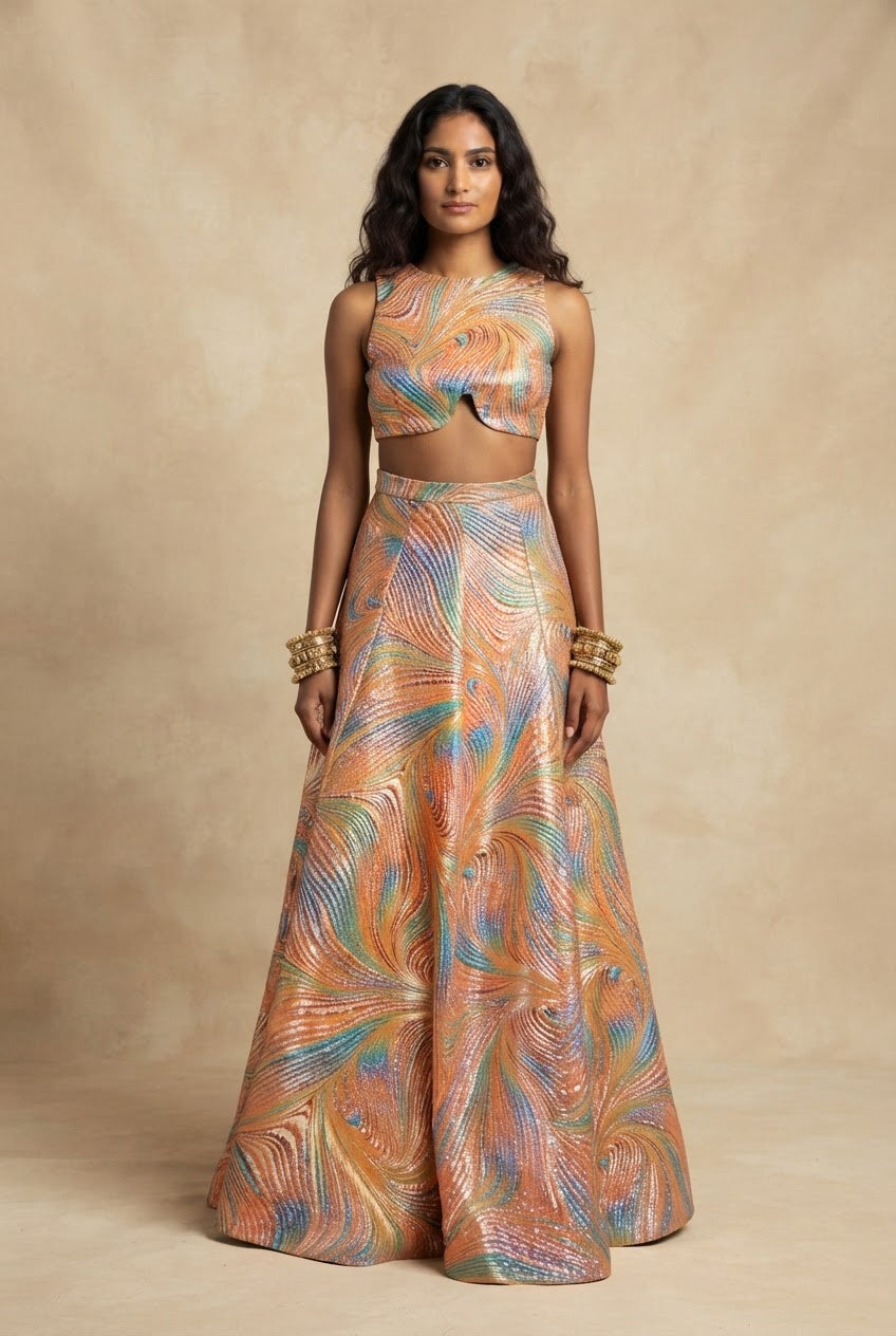 AUTUMN Orange and Blue Lehenga Skirt