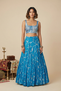 AVEYA Blue and Gold Lehenga Skirt