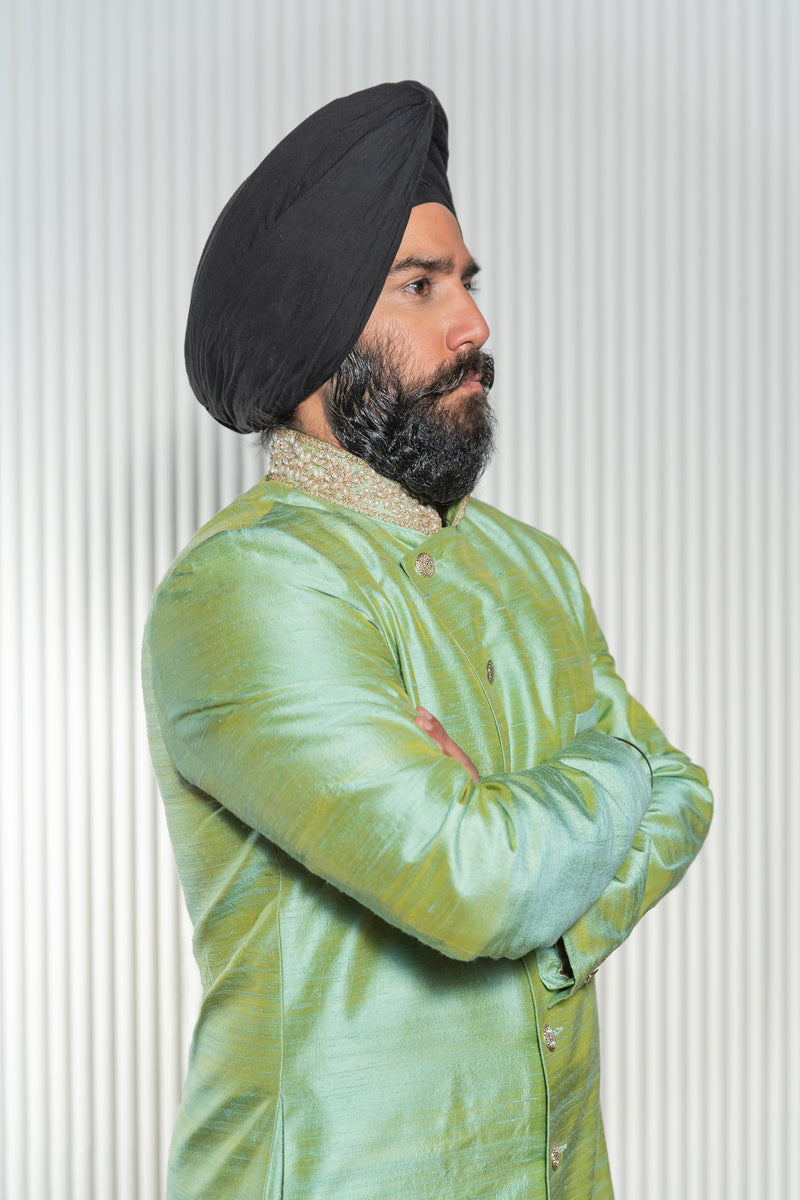 BRAR Asymmetrical Sherwani Jacket in Sage Green with pearl collar detailing - side view