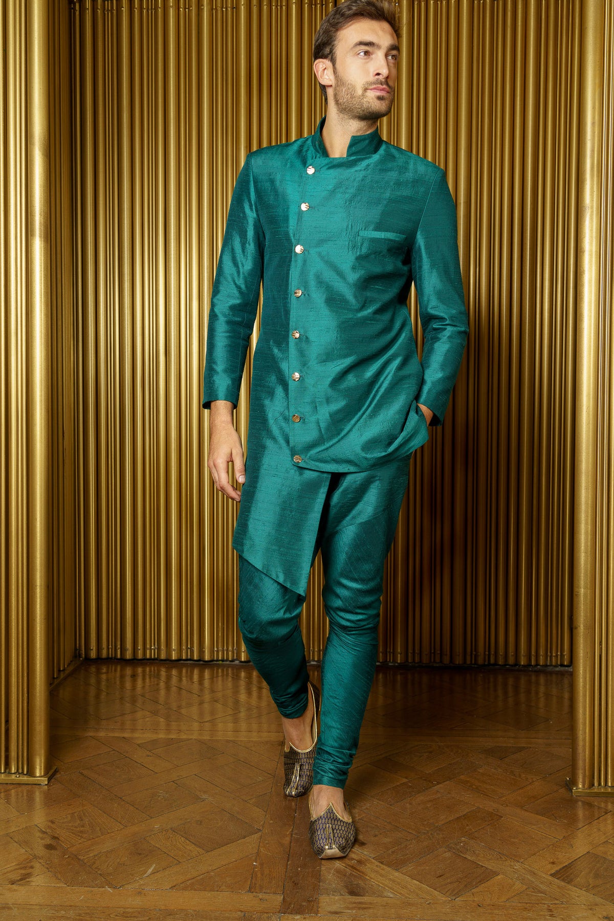 BRAR Asymmetrical Sherwani Jacket in Evergreen - Front View - Harleen Kaur - Indian Menswear