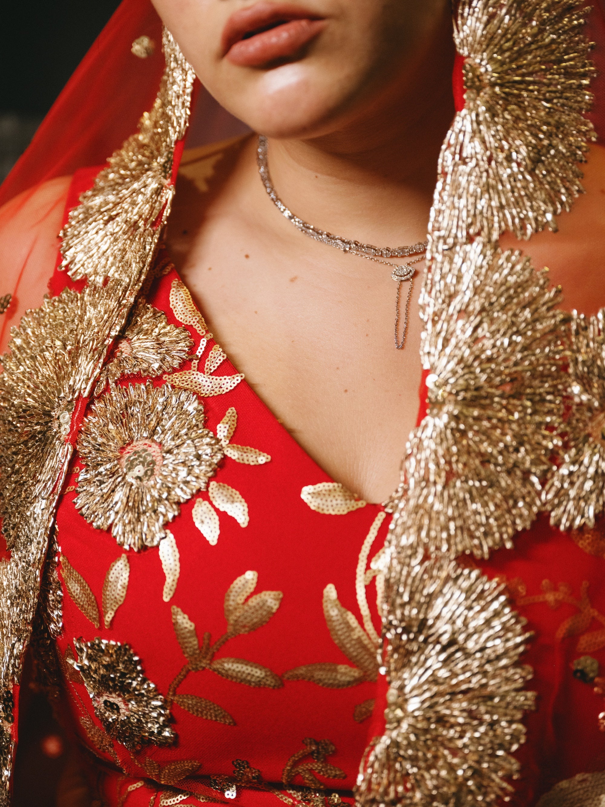 BRIELLA Red and Gold Sequin Lehenga Set