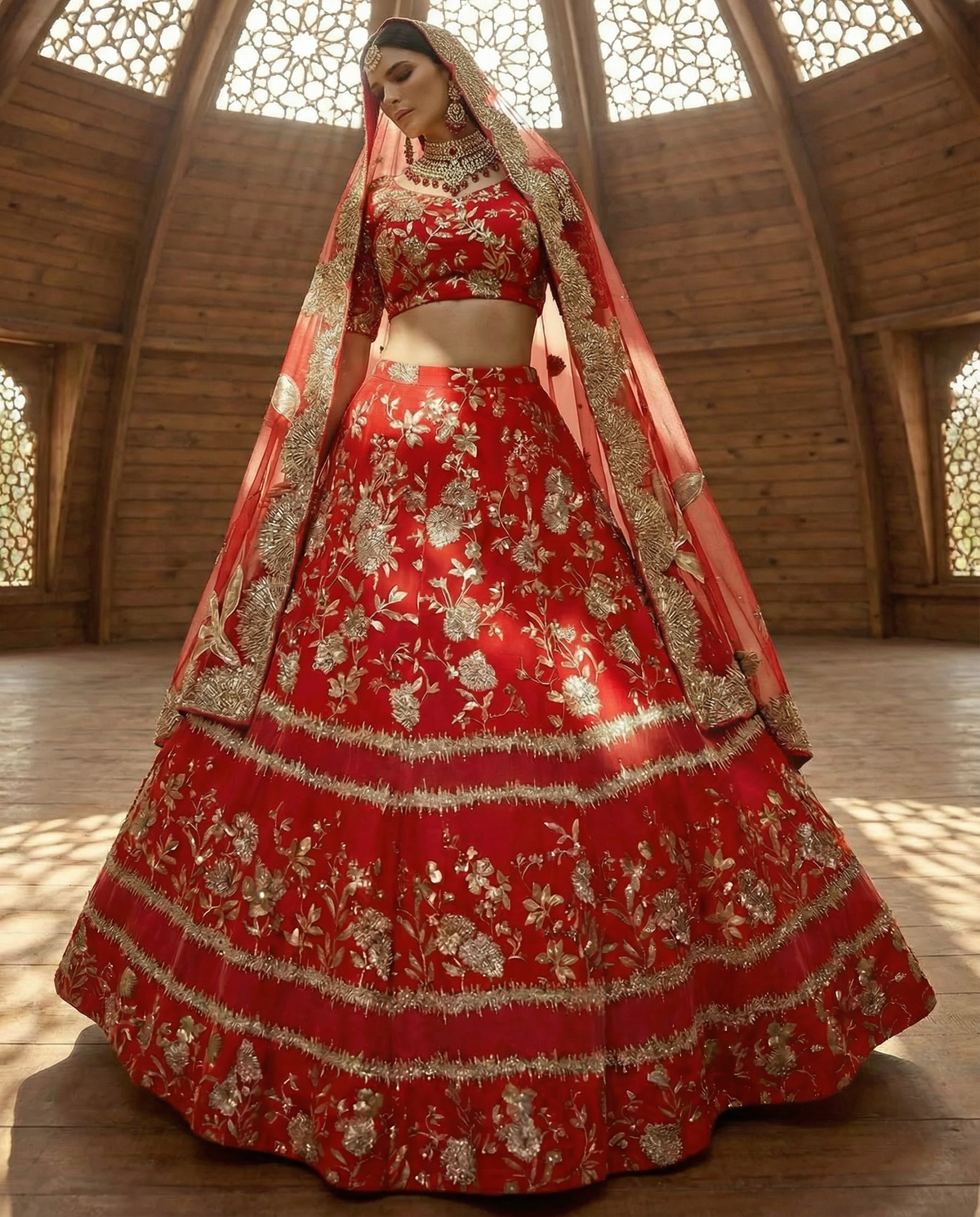 BRIELLA Red and Gold Sequin Lehenga Set