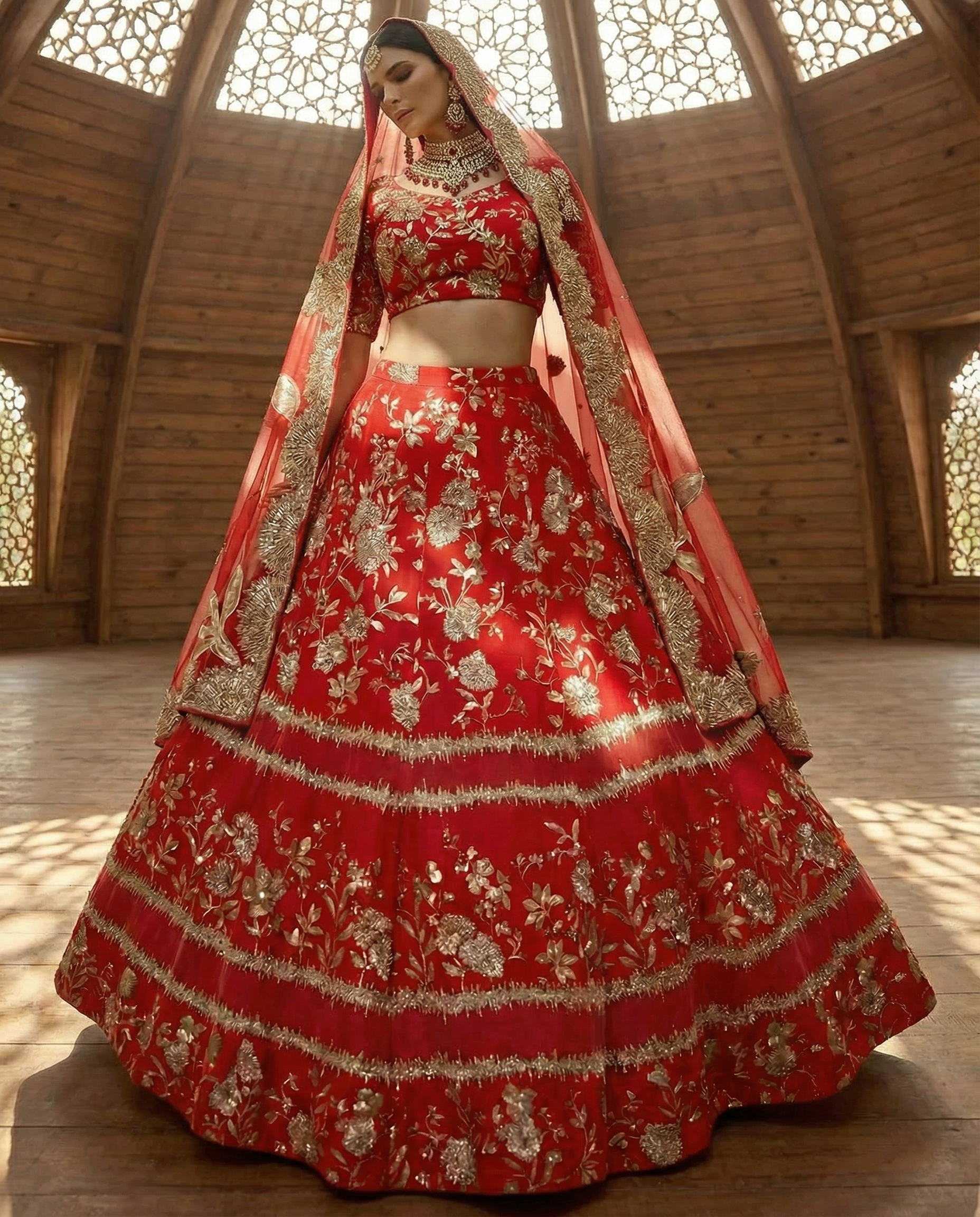 BRIELLA Red and Gold Sequin Lehenga Set