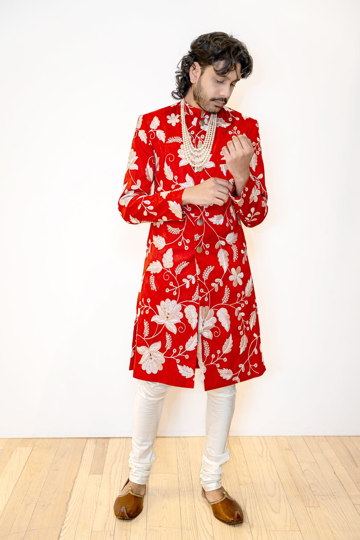 BRIJ Red and White Wedding Sherwani