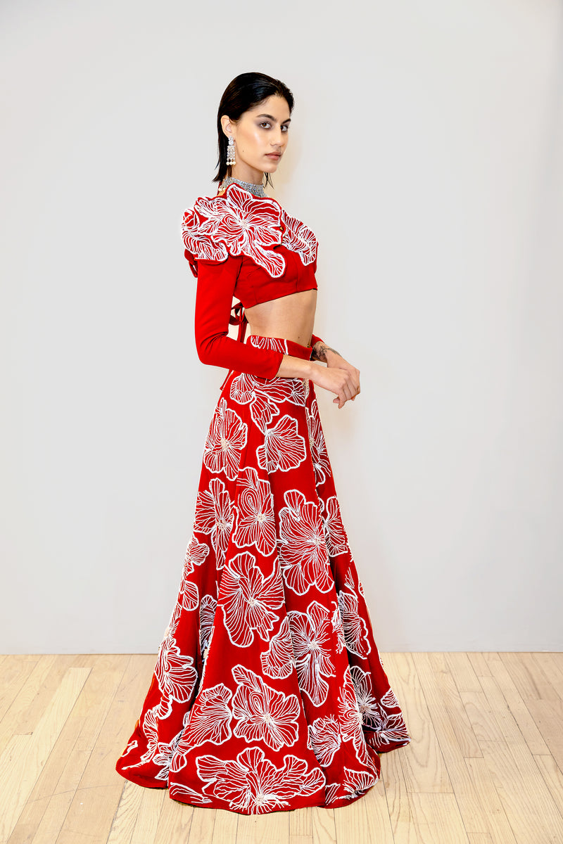 Capri Red and White Beaded Floral Lehenga - Side View - Harleen Kaur