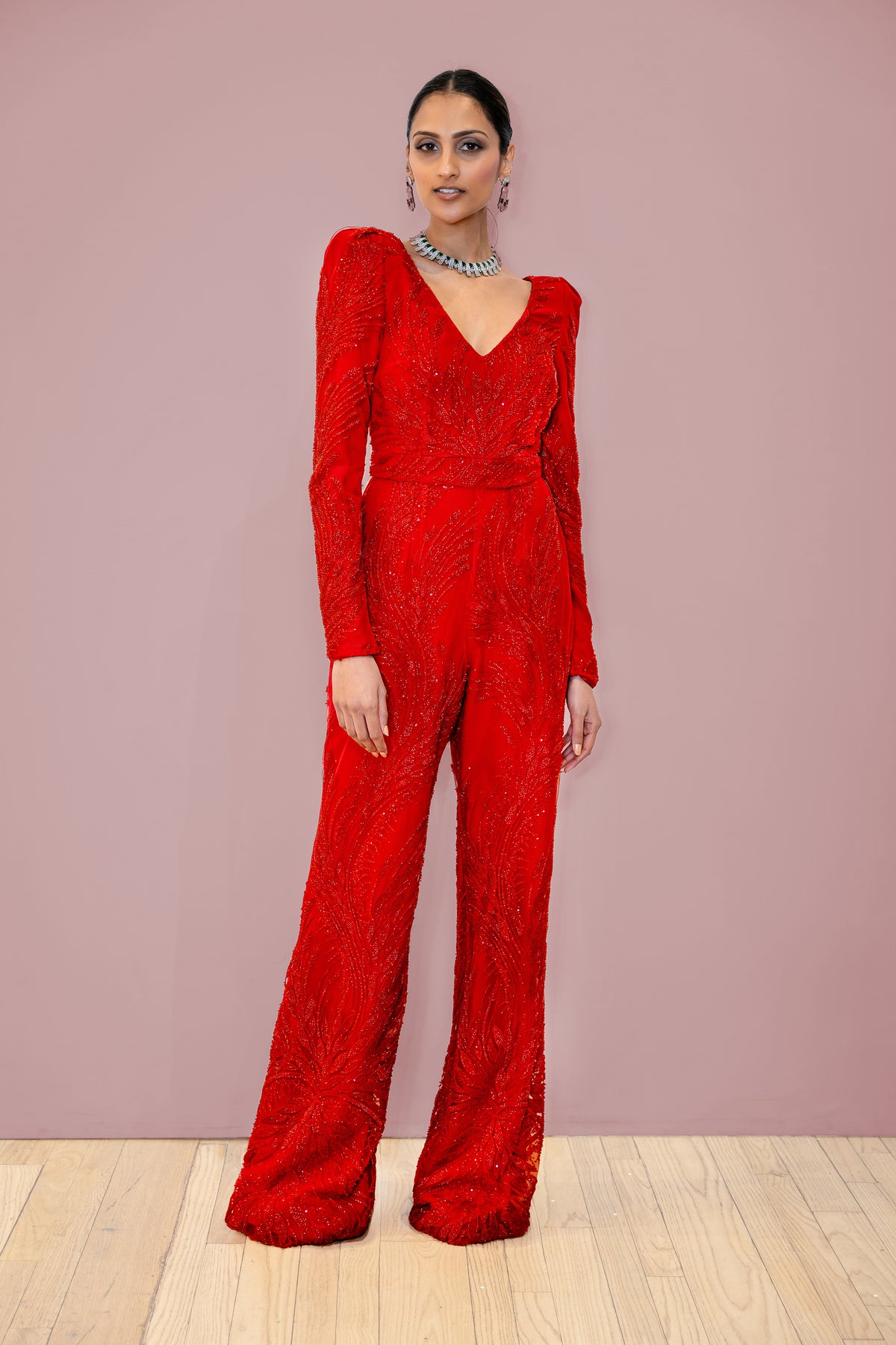 Carolina Red Beaded Bridal Jumpsuit - Front View - Harleen Kaur