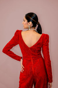 Carolina Red Long Sleeve Beaded Bridal Jumpsuit - Back View - Harleen Kaur