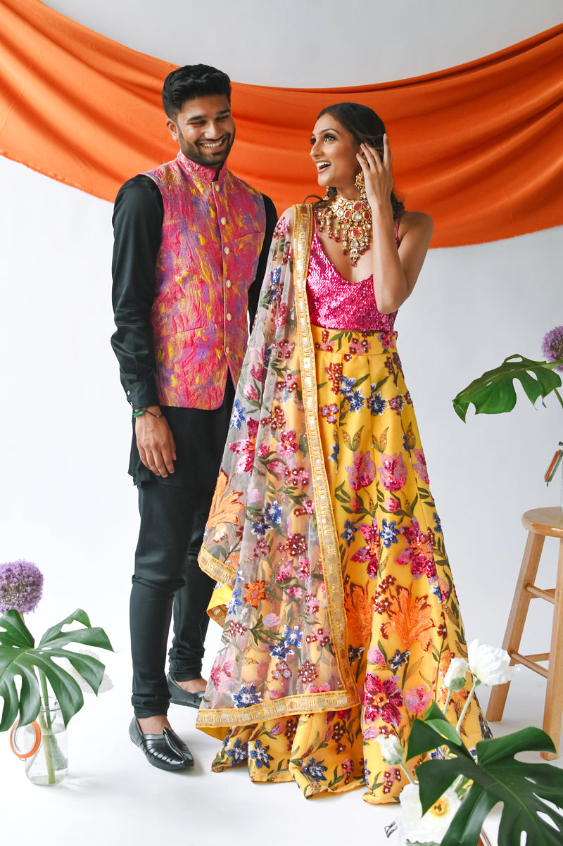 NIVAN Yellow and Pink Painted Jacquard Vest