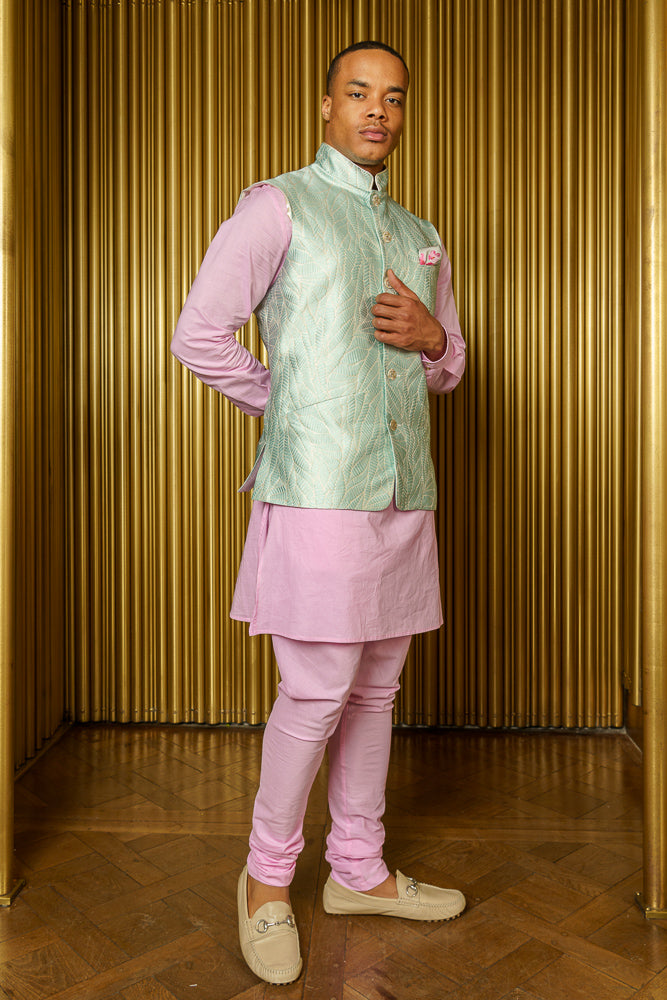 NIK Wavy Jacquard Bandi Vest with Mandarin Collar - Side View - Harleen Kaur Indian Menswear