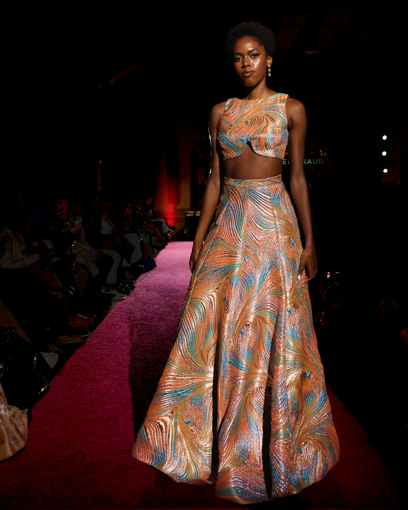 EILISH Orange and Blue Lehenga Top