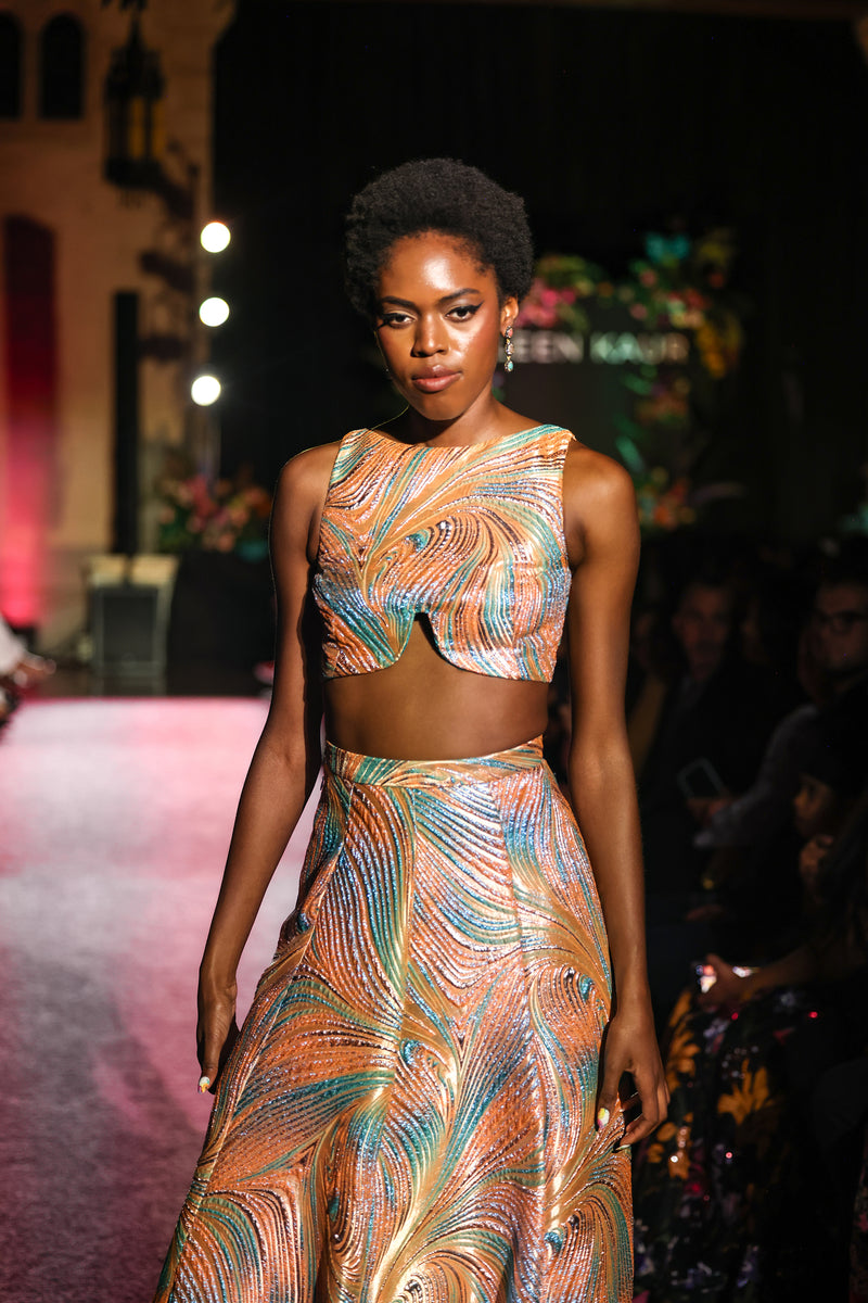 EILISH Orange and Blue Lehenga Top