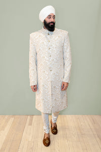 FAIZAL Ivory and Gold Wedding Sherwani