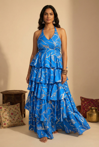 GRECIA Blue and Gold Maxi Dress