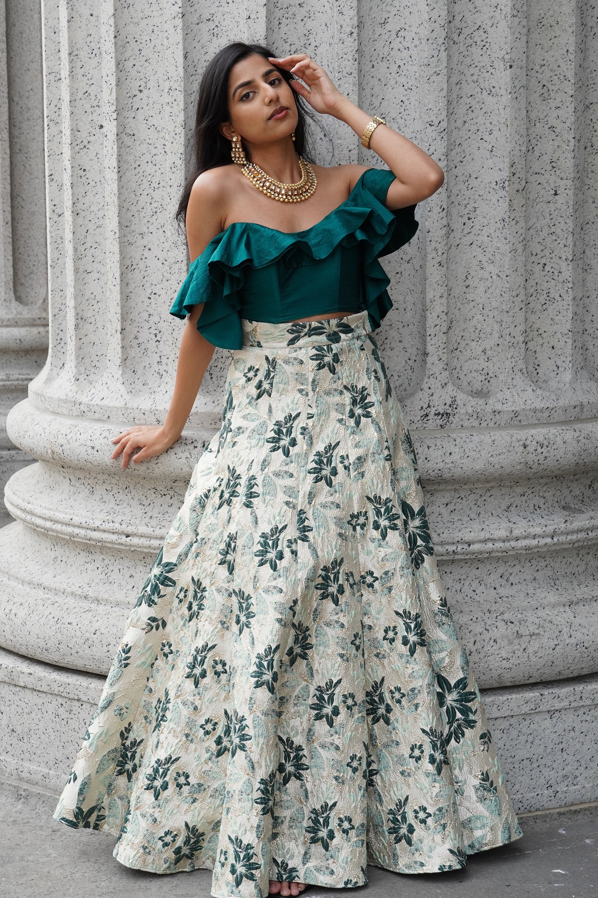 AVNI Green and Mint Floral Jacquard Skirt Ready to Ship