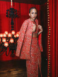 SANJITA Red and Gold Embroidered Skirt
