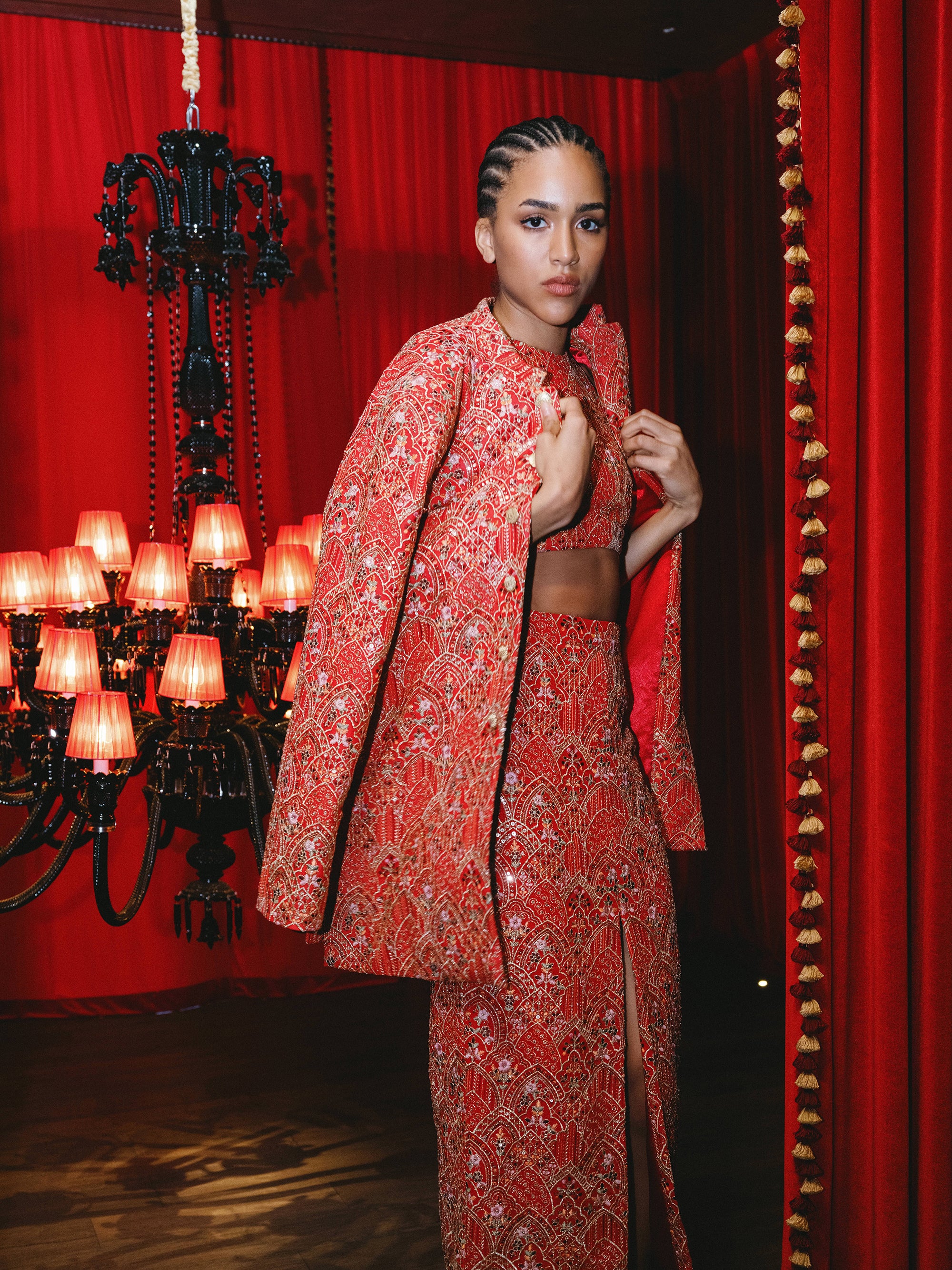 SANJITA Red and Gold Embroidered Skirt