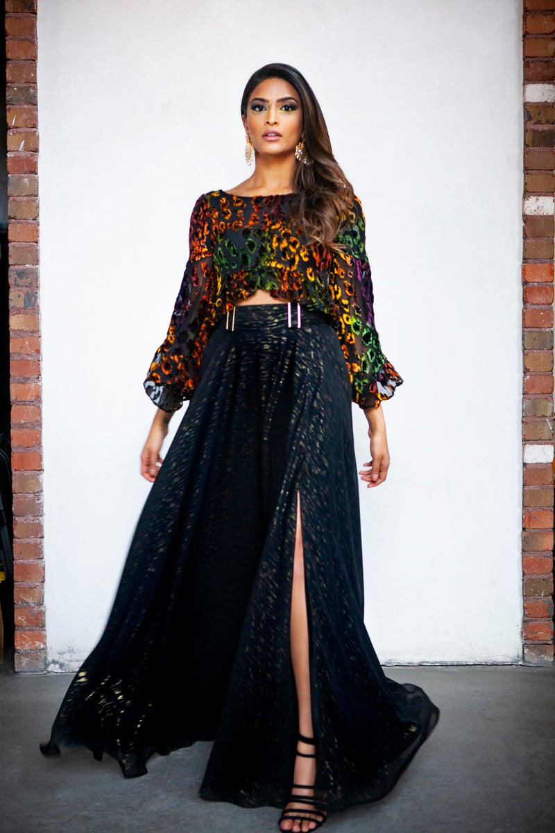 EZYA Metallic Chiffon Skirt with Slit - Front View - Harleen Kaur - Indowestern Womenswear