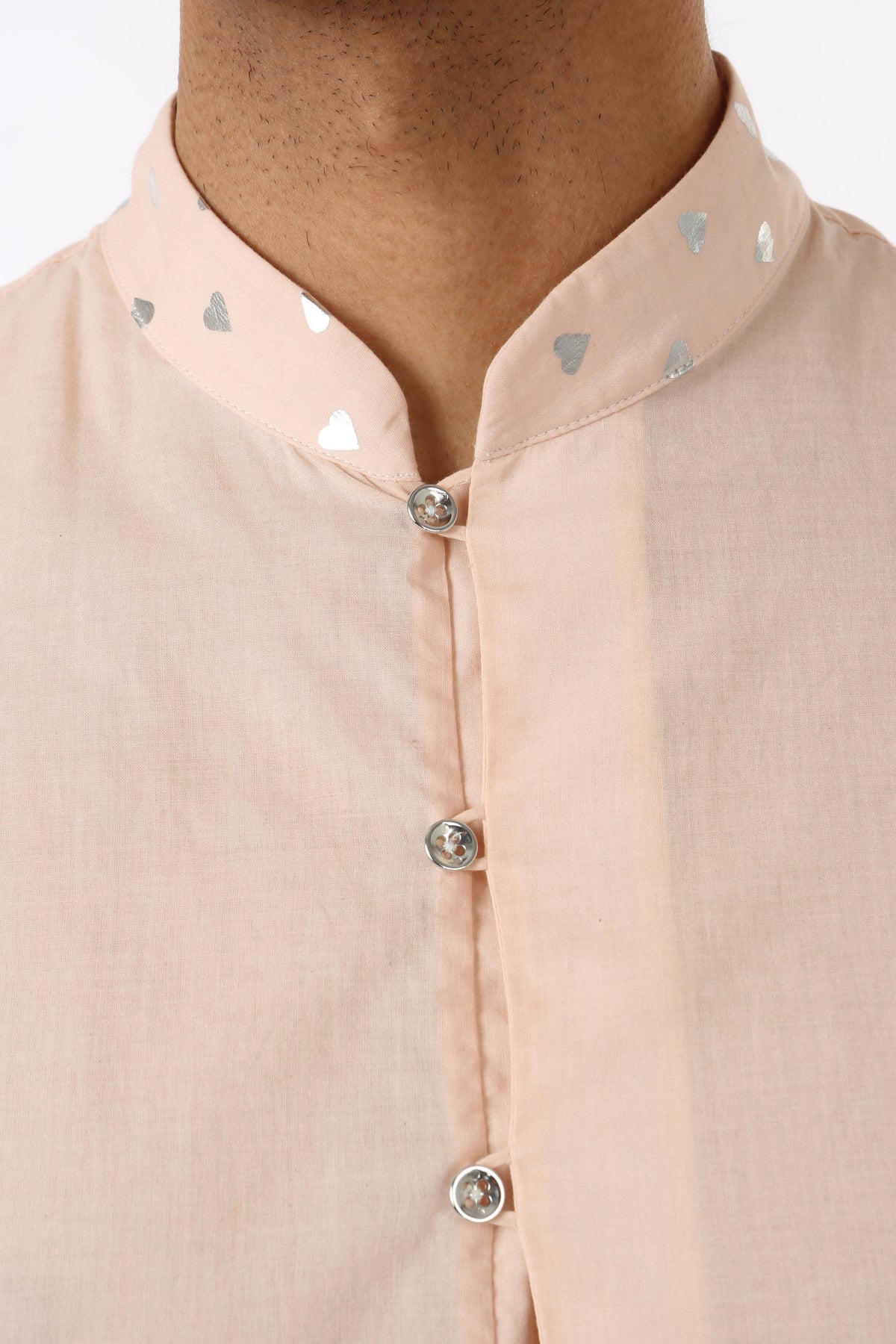 SUMEET mens short cotton peach/silver hearts kurta with long sleeves and four button closure | HARLEEN KAUR