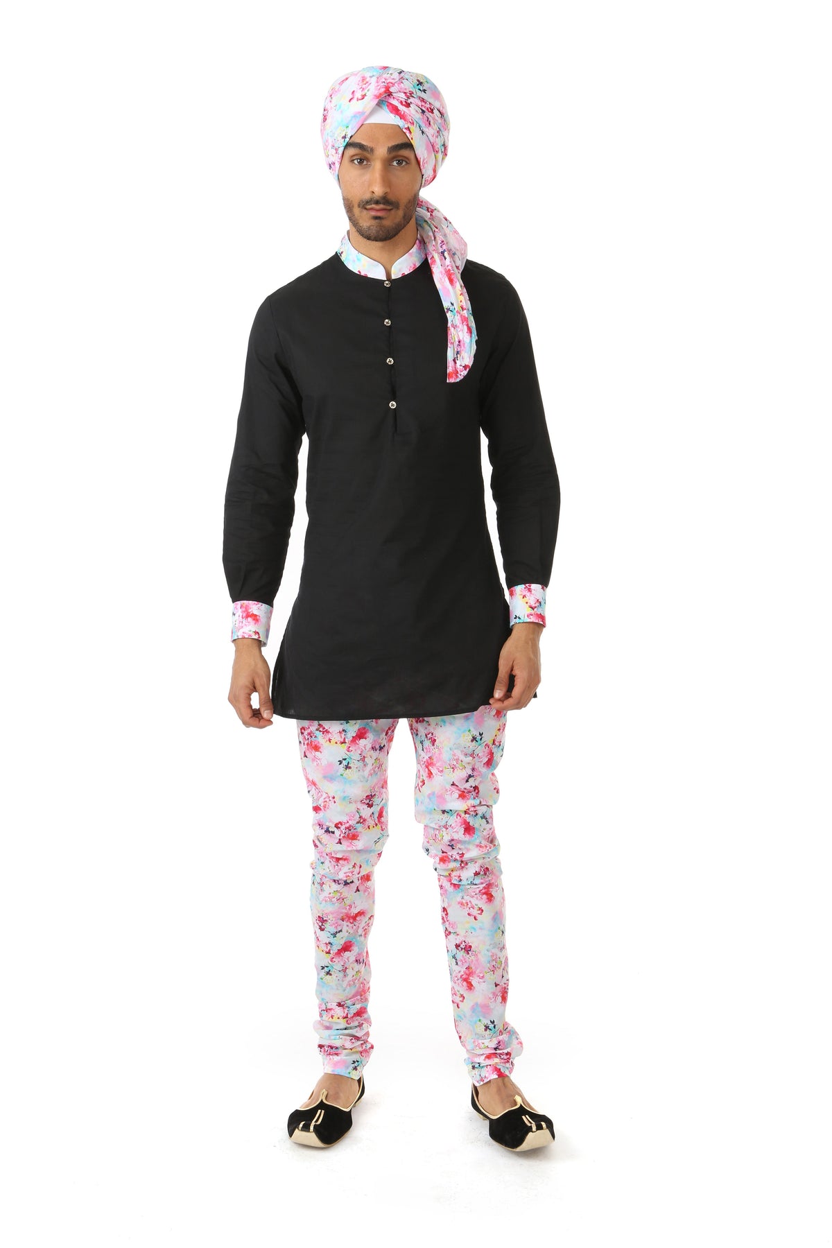 Harleen Kaur SUMEET Long Sleeve Black Kurta with White Multifloral Print Collar and Cuff - Front View