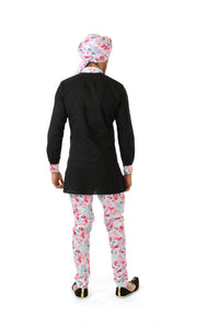 Harleen Kaur SUMEET Black Kurta with Multifloral Print Collar and Cuff - Back View