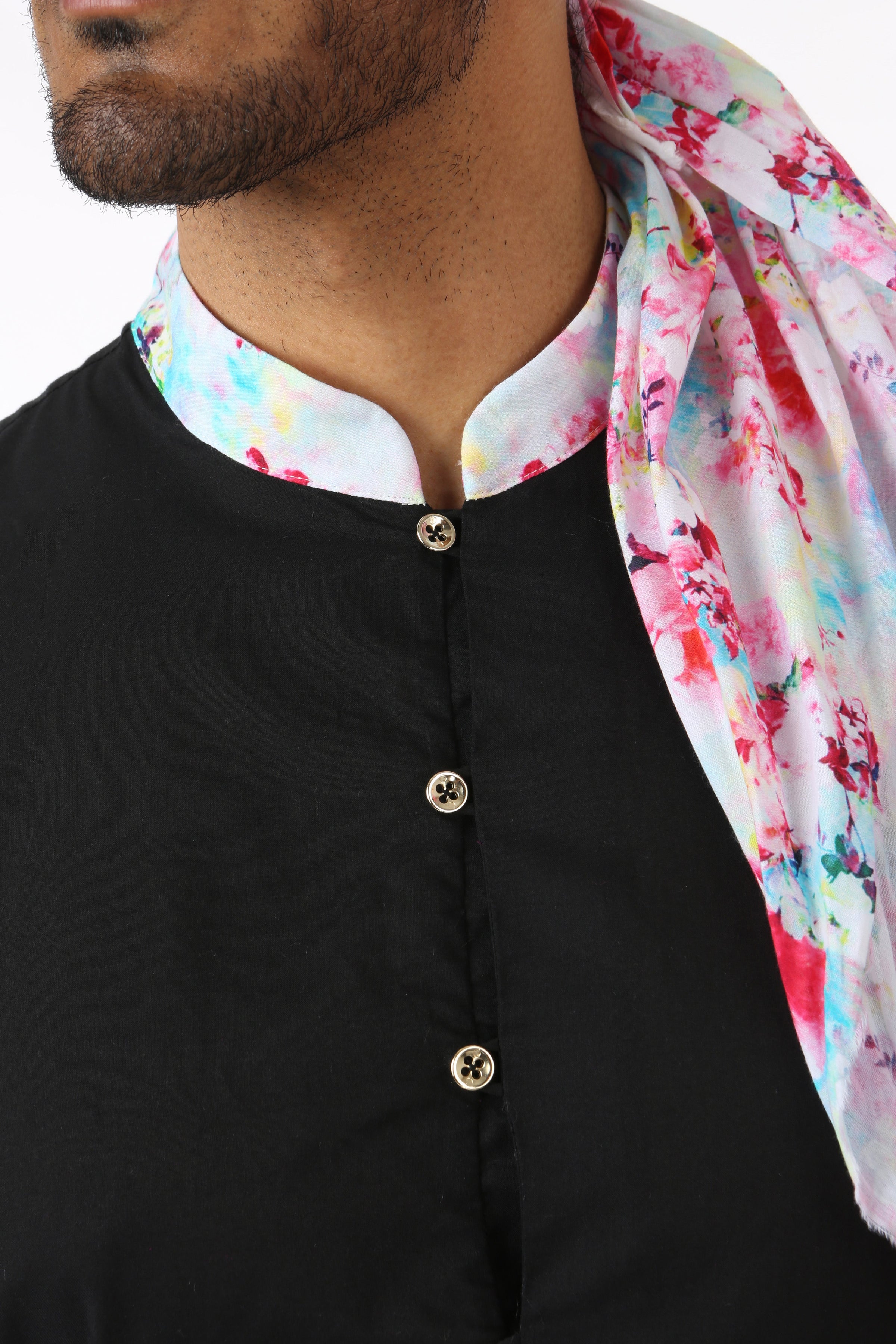 Harleen Kaur SUMEET Black Cotton Kurta with White Multifloral Print Collar - Front View